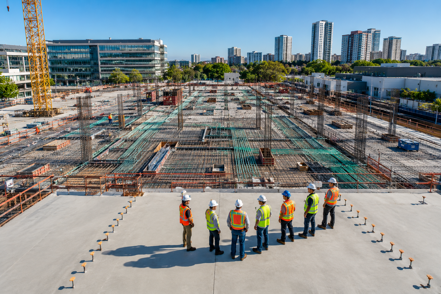 Massive construction site with cranes and steel framework
